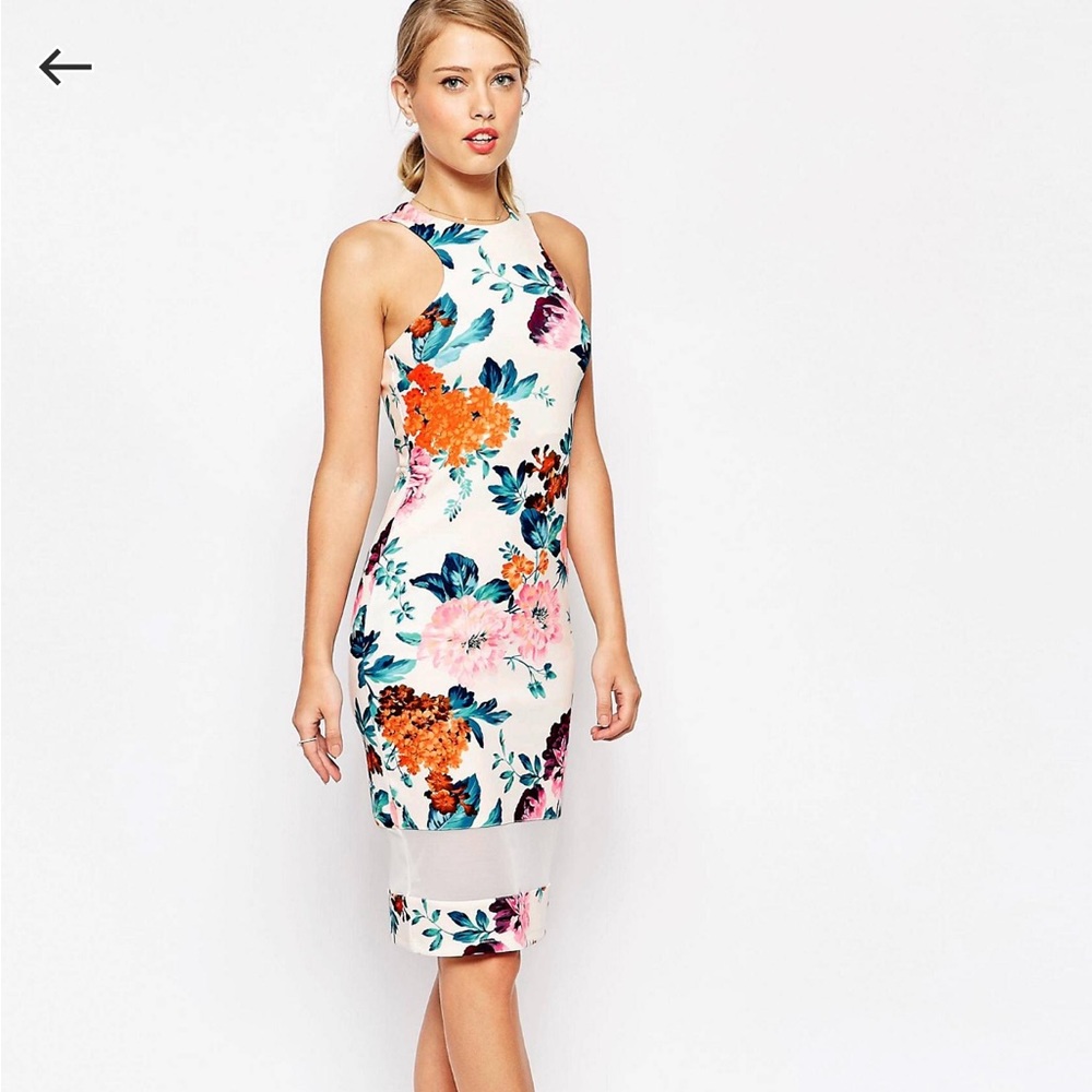 NWT ASOS Mesh Panel Cutaway Neck Floral Bodycon
Midi Dress